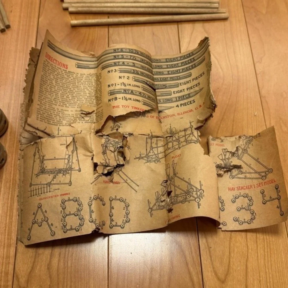Antique Tinkertoy No. 3 Set – Wooden Construction Toy w/ Original Tube+Paperwork